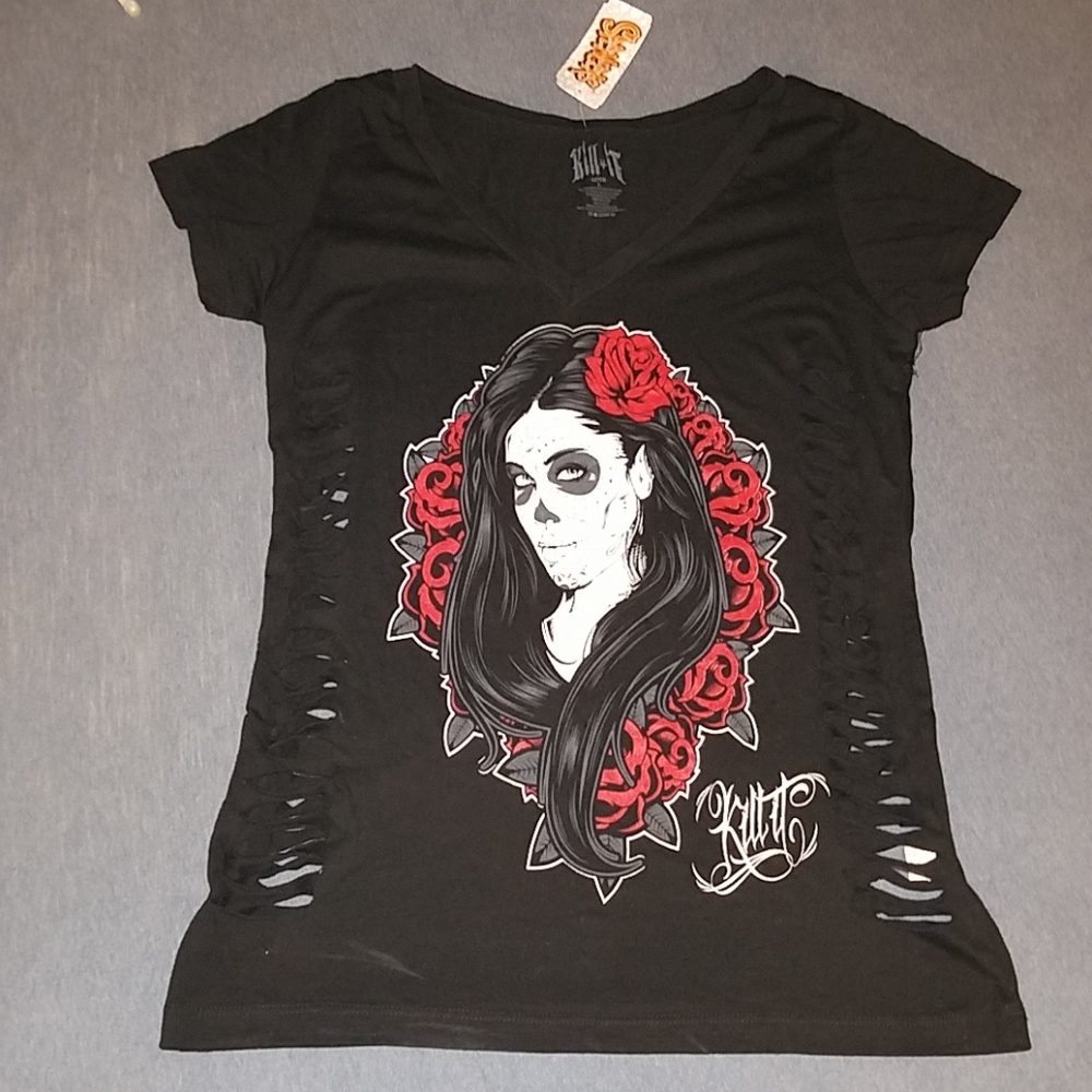 Kill it brand womens L vneck haloween sugar skull